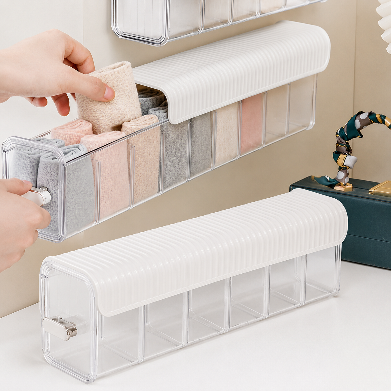 Wall Mounted Drawer Organizer with Lid, Transparent Acrylic 6-Cell Storage Box for Socks, Underwear & Lingerie – Self Adhesive Multipurpose Space Saving Wall Storage for Bathroom, Bedroom, Kitchen & Office