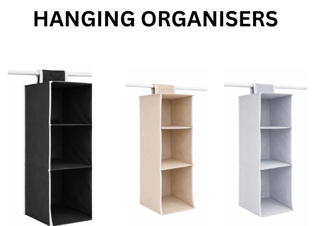 3 Shelf - Closet Hanging Organizer – Durable Non-Woven Fabric Wardrobe Shelf with Engineered Wood, Collapsible Hanging Storage for Clothes & Accessories