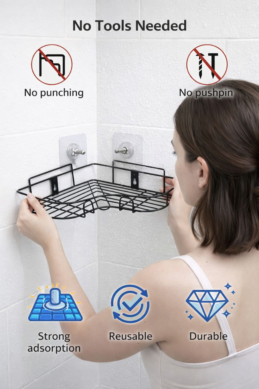 Self Adhesive Bathroom Corner Shelf No Drill | Rust-Proof Metal Wall Mounted Storage Organizer for Bathroom & Kitchen | Space Saving Rack for Shampoo, Soap, Spices & Accessories